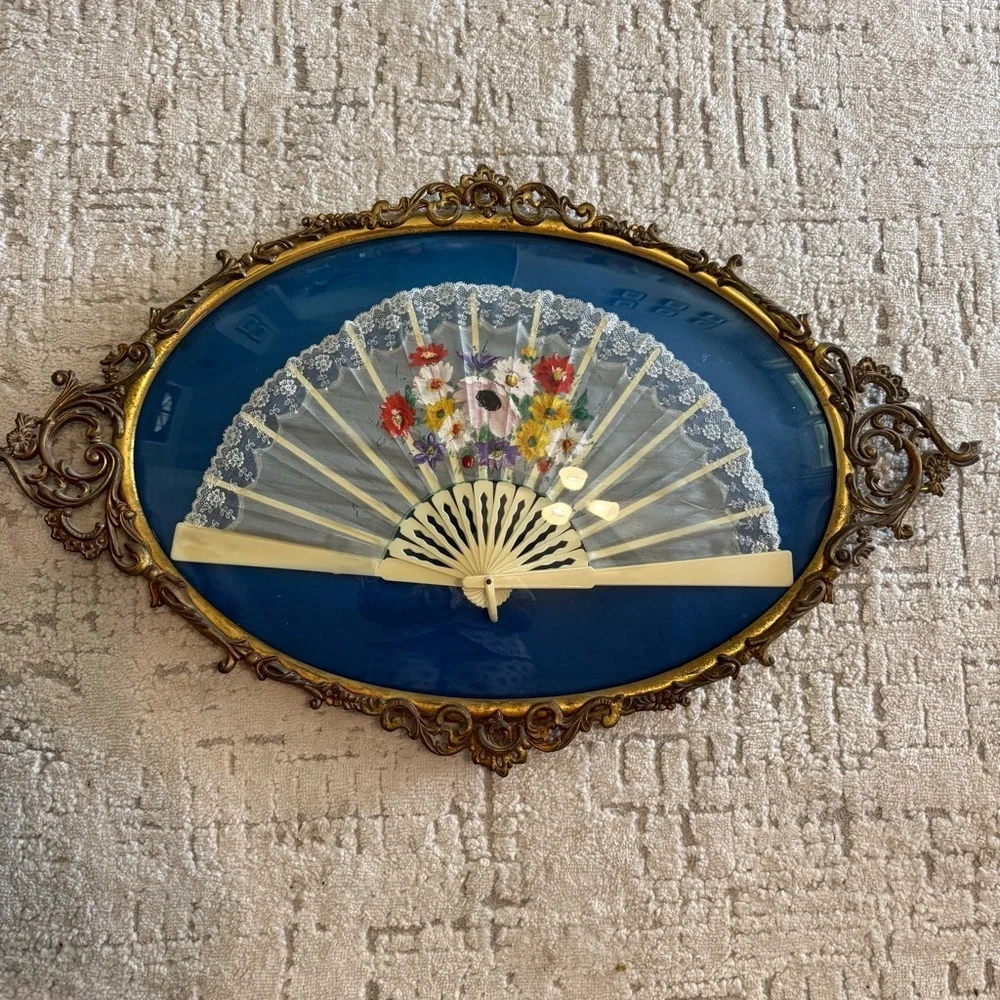 Ornate Victorian Hand Painted Fan In Frame Bubble French Shadow Box Brass Wall